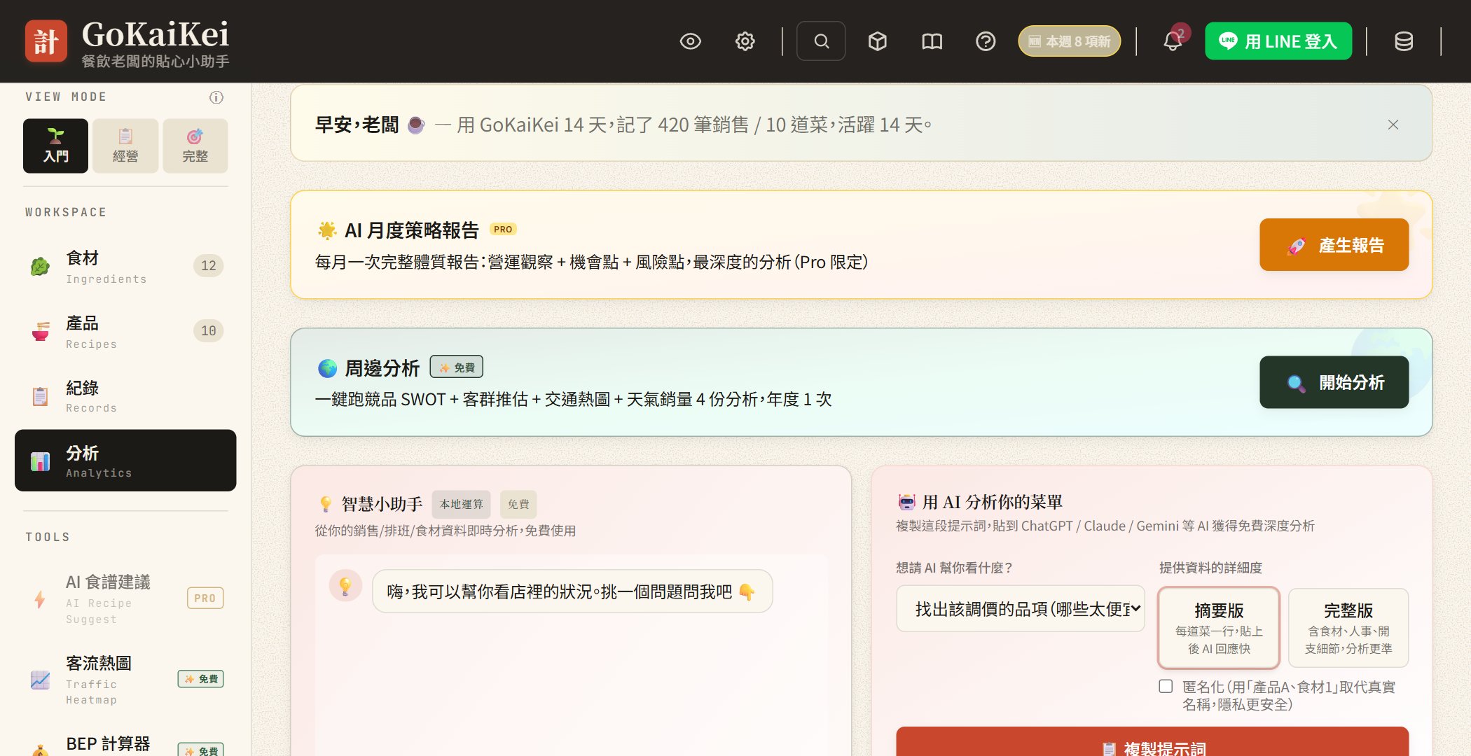 GoKaiKei 分析儀表板：AI 月度策略、商機分析、智慧小助手 — POS 沒有的層次